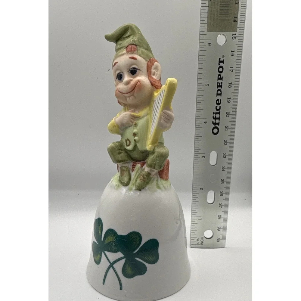 Ceramic Irish Shamrock Bell w/ Leprechaun Harp Figurine Top, Hand Painted 5in